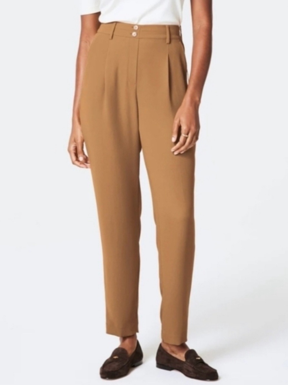 Spanx Carefree Crepe High-Waisted Tapered Ankle Trouser Pleat Pants Camel Small